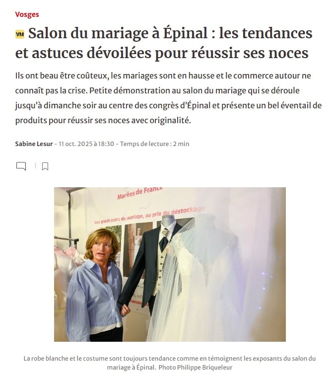 Article du journal Vosges Matin sur le salon du mariage avec Mariées de France Épinal